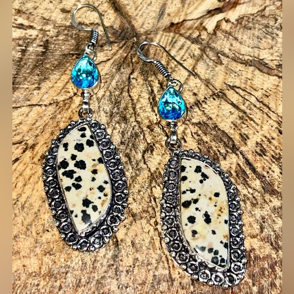 Dalmatian Jasper Stone Earrings 2 1/2” - Picture 3 of 6